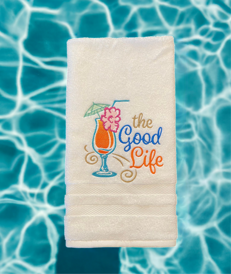 The Good Life Beach Design Embroidered  White hand Towel. The Good Life.