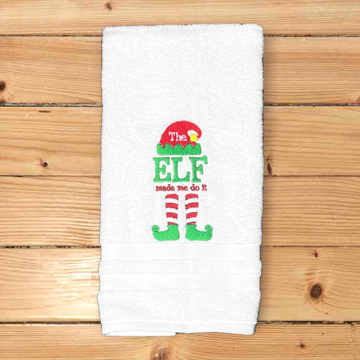 Christmas Hand Towel - Christmas-holiday Towels. Holiday Bathroom towels. Elf Made me Do It Embroidered Hand Towel