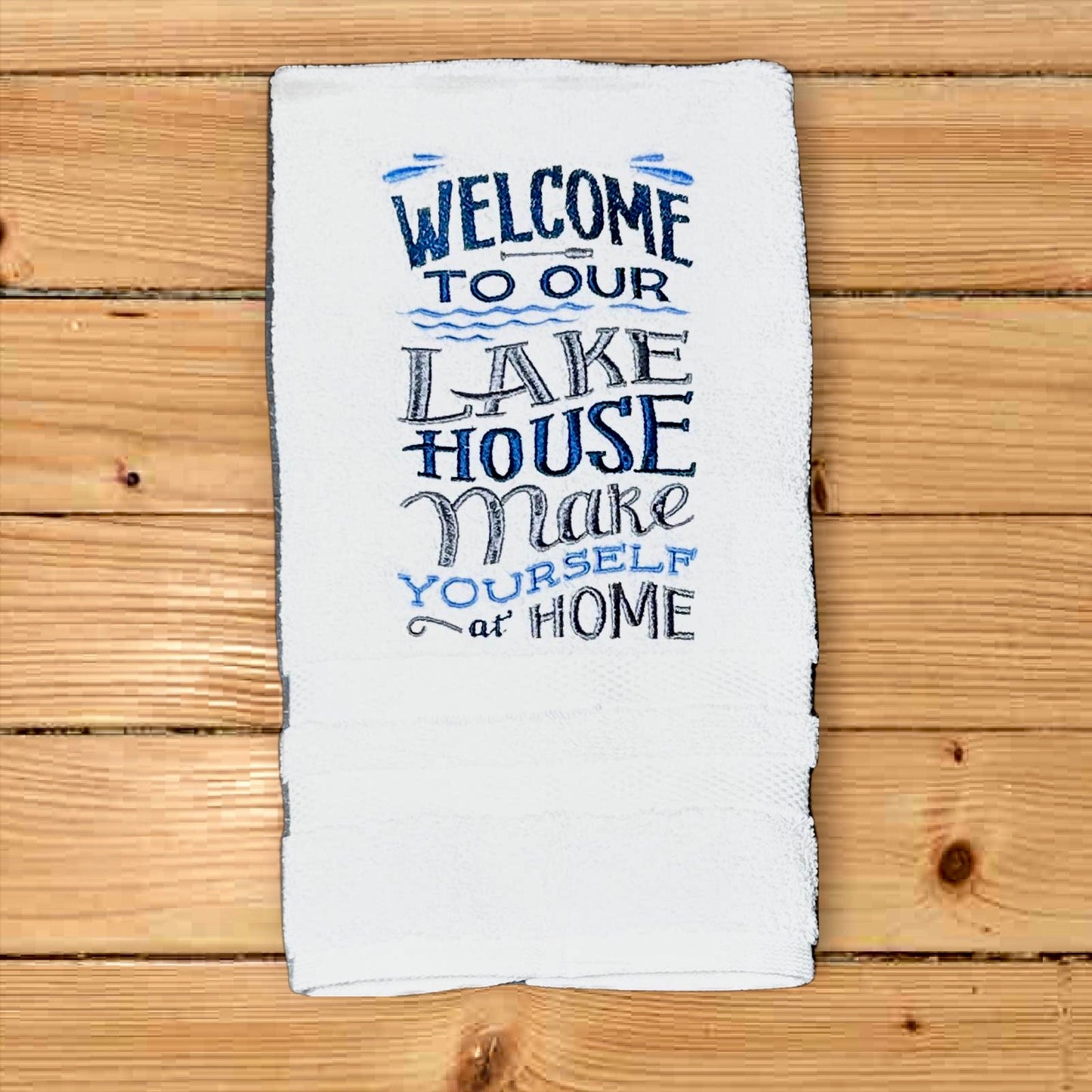 Lake Design Embroidered White Hand Towel. Welcome to our Lake House make Yourself at Home. Summer Vibes. Lake Theme. Splash. Mountains