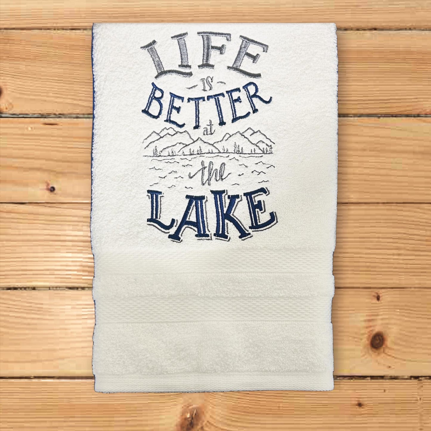 Lake Design Embroidered White Hand Towel. Life is Better At the Lake. Summer Vibes. Lake Theme. Splash