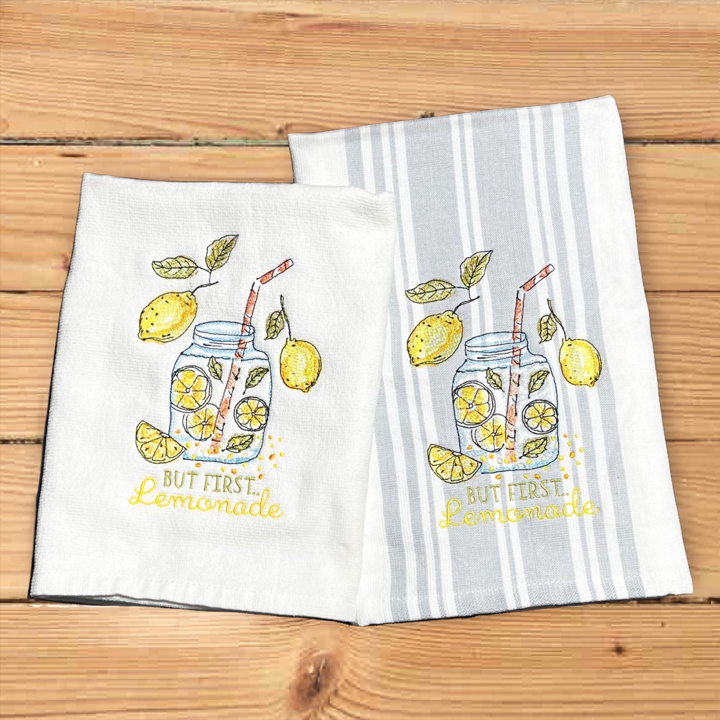 Lemonade Embroidered White Hand. Farmhouse, Summer Vibes. Fruit theme. But First Lemonade. Yellow fruit. Limoncello. Mason Jar. Lemon Juice