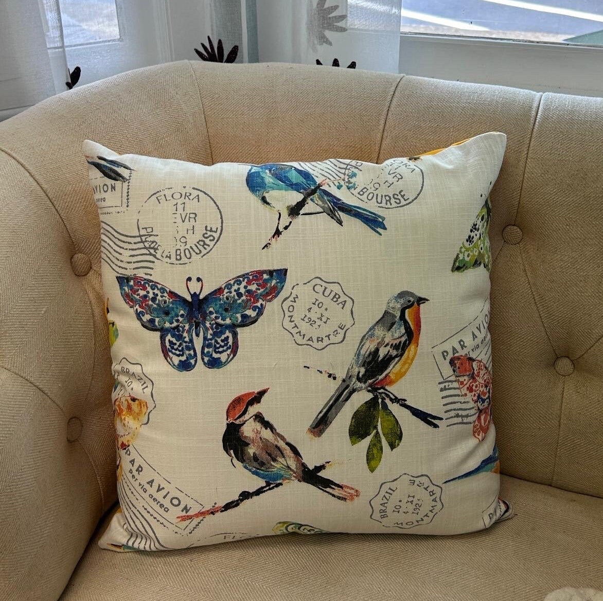 Birds Pillow Cover, Linen Pillow Cover, Countryside inspired Pillow Cover, Butterflies cover, Rustic County Farmhouse Decor, Modern. Stamps