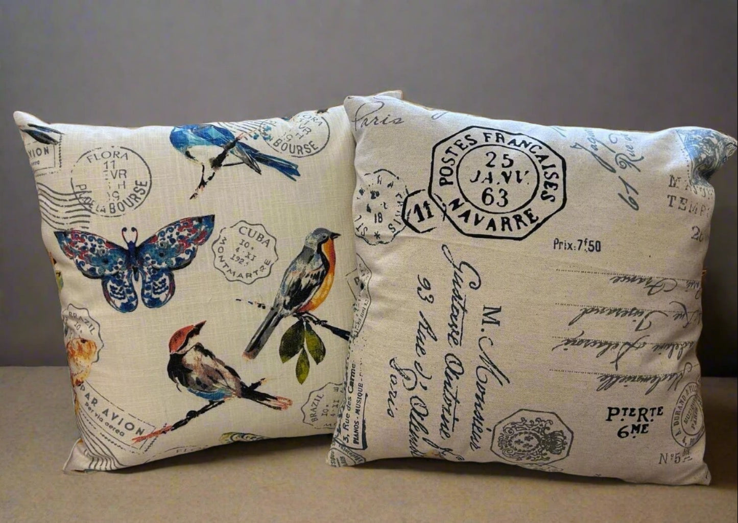 Birds Pillow Cover, Linen Pillow Cover, Countryside inspired Pillow Cover, Butterflies cover, Rustic County Farmhouse Decor, Modern. Stamps