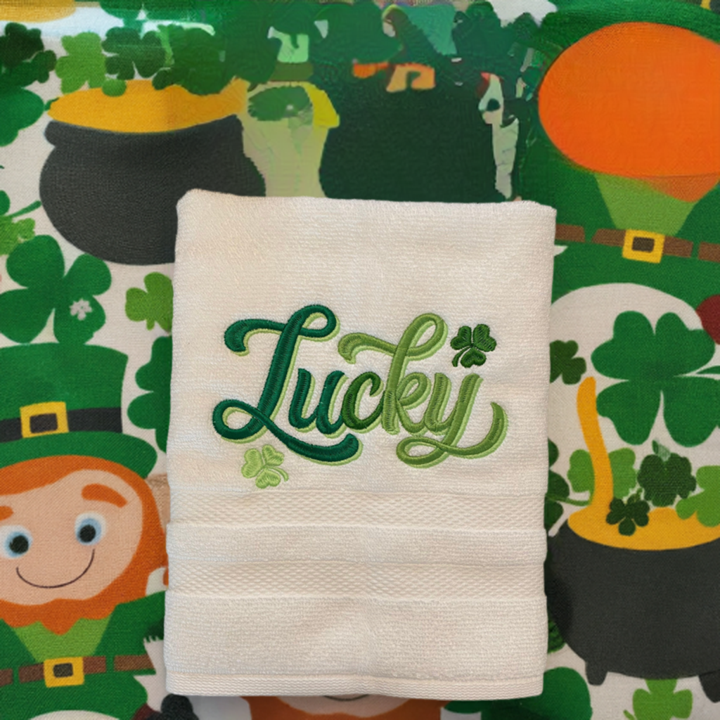 Lucky Embroidered  White hand Towel. Bathroom Towel. Hand Towel. personalized Gifts. St. Patrick’s