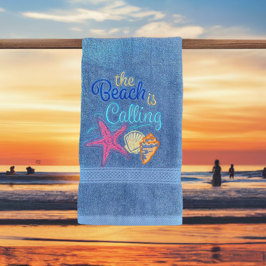 Beach Design Embroidered White Hand Towel. The Beach is Calling. Summer Vibes. Beach Them. Seashells.