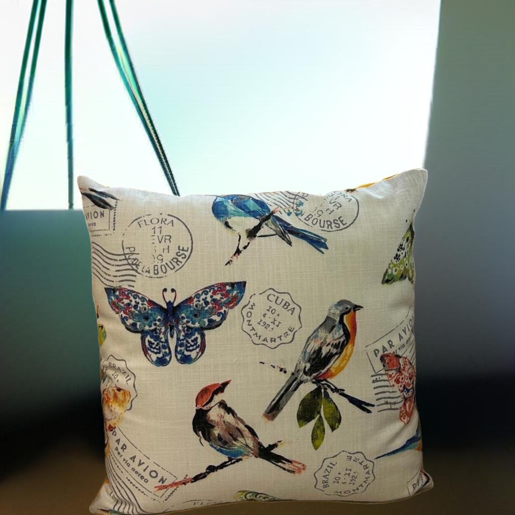 Birds Pillow Cover, Linen Pillow Cover, Countryside inspired Pillow Cover, Butterflies cover, Rustic County Farmhouse Decor, Modern. Stamps