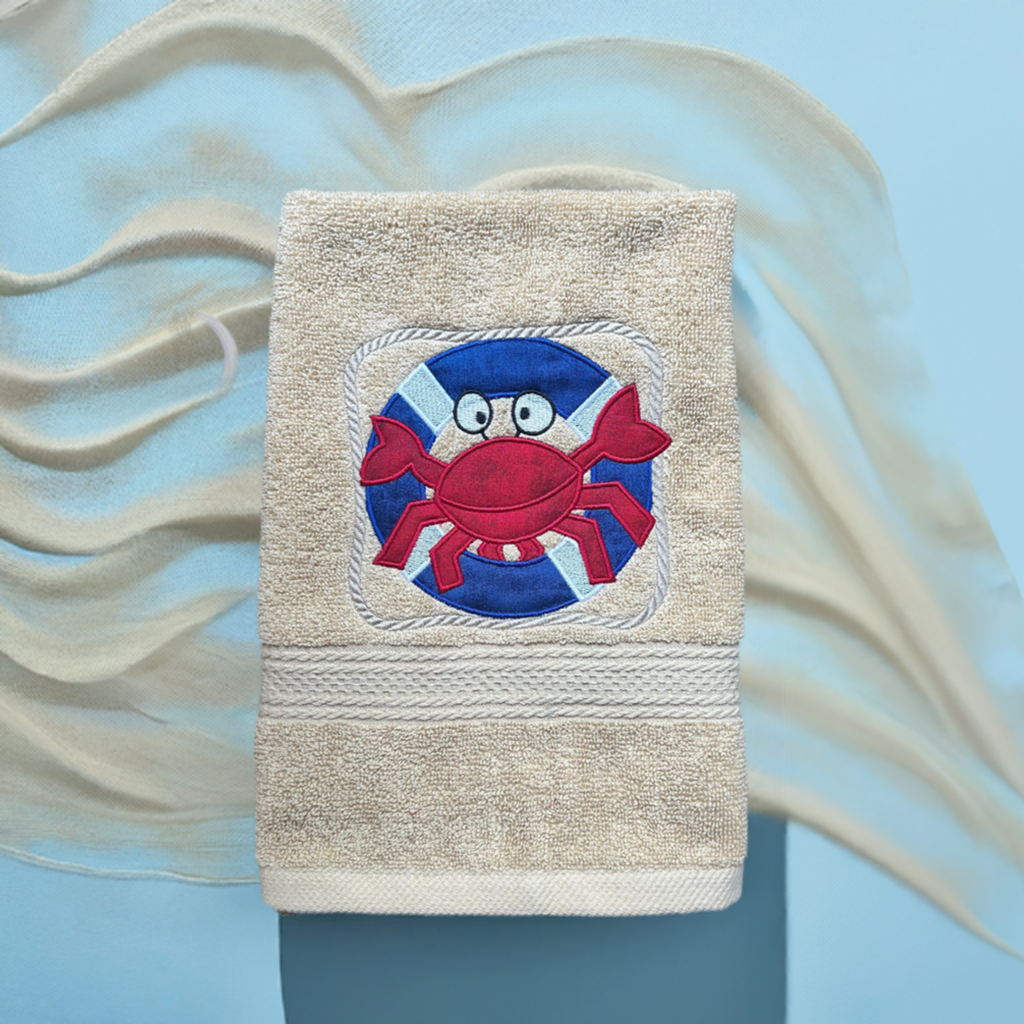 Beach Design Embroidered White Hand Towel. Crab on Lifesaver. Summer Decor. Gifts. Crabby & Cute. Beach Theme.