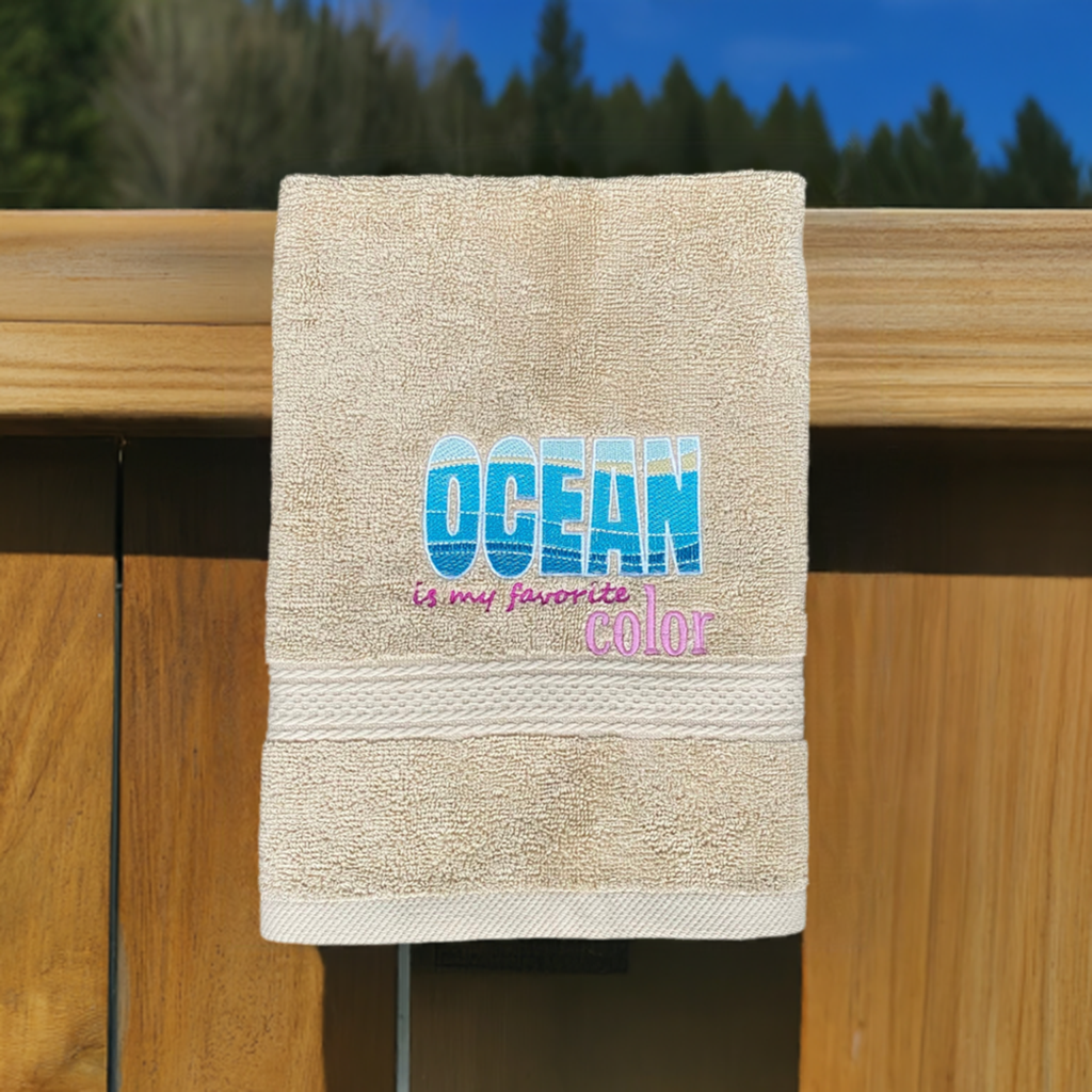 Beach Design Embroidered  White or Color hand Towel ocean is my Favorite Color. Towels.