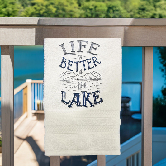 Lake Design Embroidered White Hand Towel. Life is Better At the Lake. Summer Vibes. Lake Theme. Splash