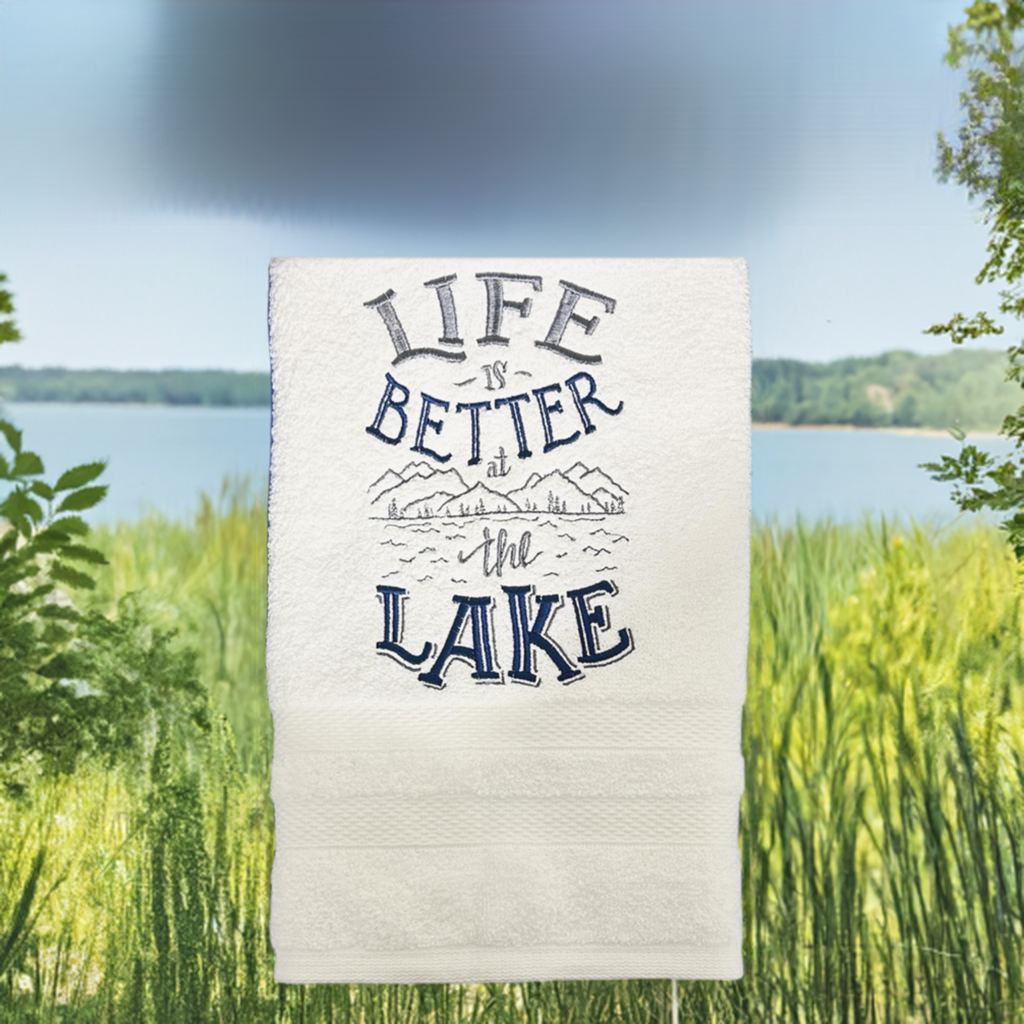 Lake Design Embroidered White Hand Towel. Life is Better At the Lake. Summer Vibes. Lake Theme. Splash
