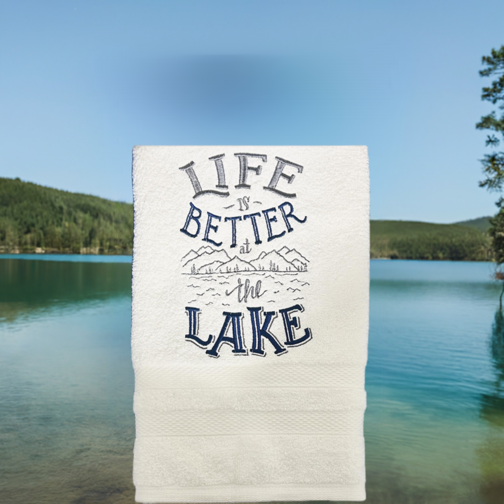 Lake Design Embroidered White Hand Towel. Life is Better At the Lake. Summer Vibes. Lake Theme. Splash
