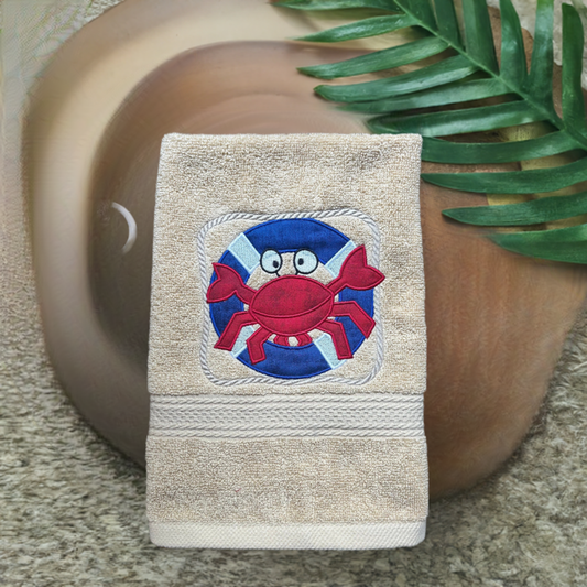 Beach Design Embroidered White Hand Towel. Crab on Lifesaver. Summer Decor. Gifts. Crabby & Cute. Beach Theme.