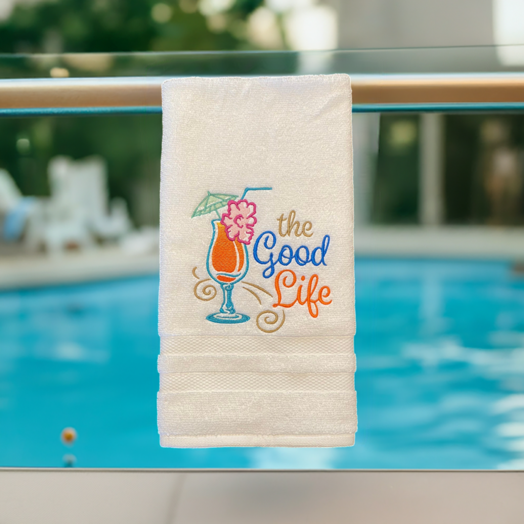 The Good Life Beach Design Embroidered  White hand Towel. The Good Life.