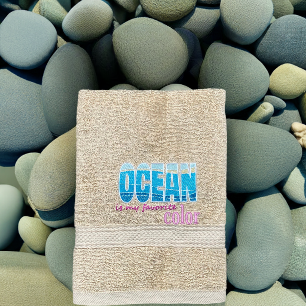 Beach Design Embroidered  White or Color hand Towel ocean is my Favorite Color. Towels.