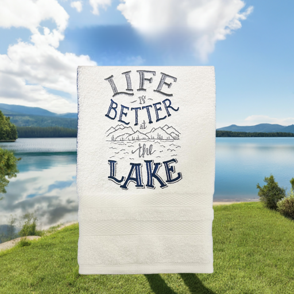 Lake Design Embroidered White Hand Towel. Life is Better At the Lake. Summer Vibes. Lake Theme. Splash