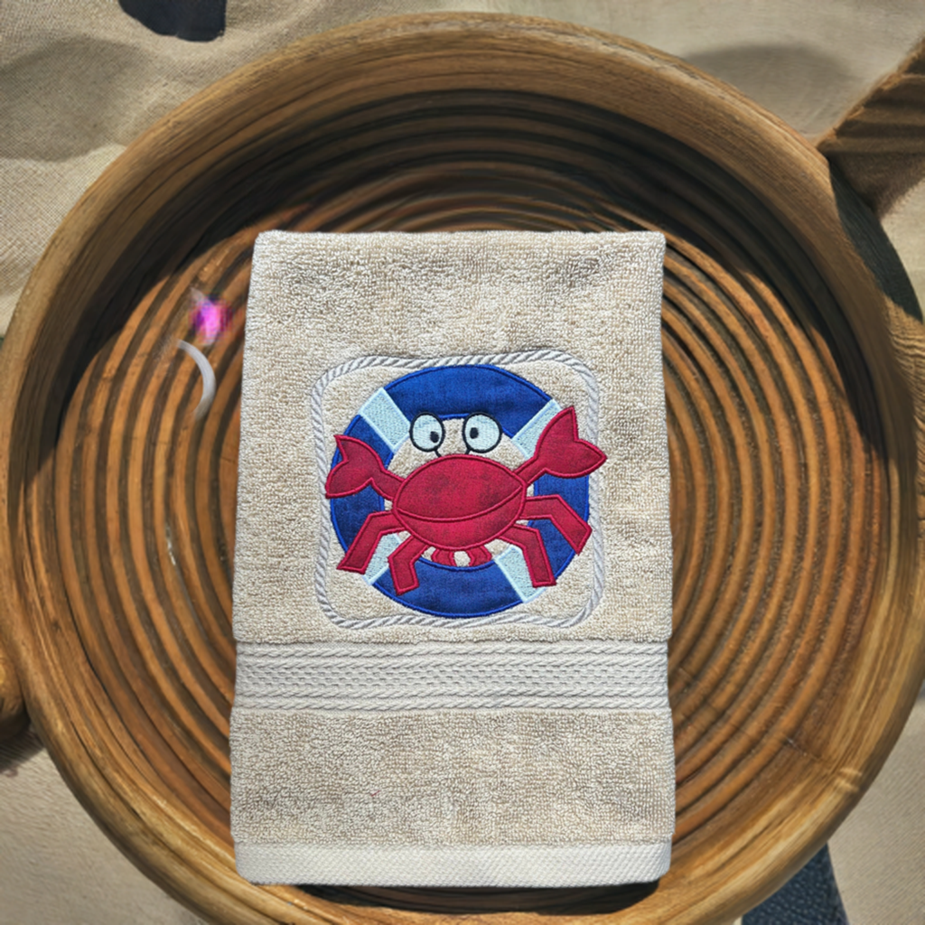 Beach Design Embroidered White Hand Towel. Crab on Lifesaver. Summer Decor. Gifts. Crabby & Cute. Beach Theme.