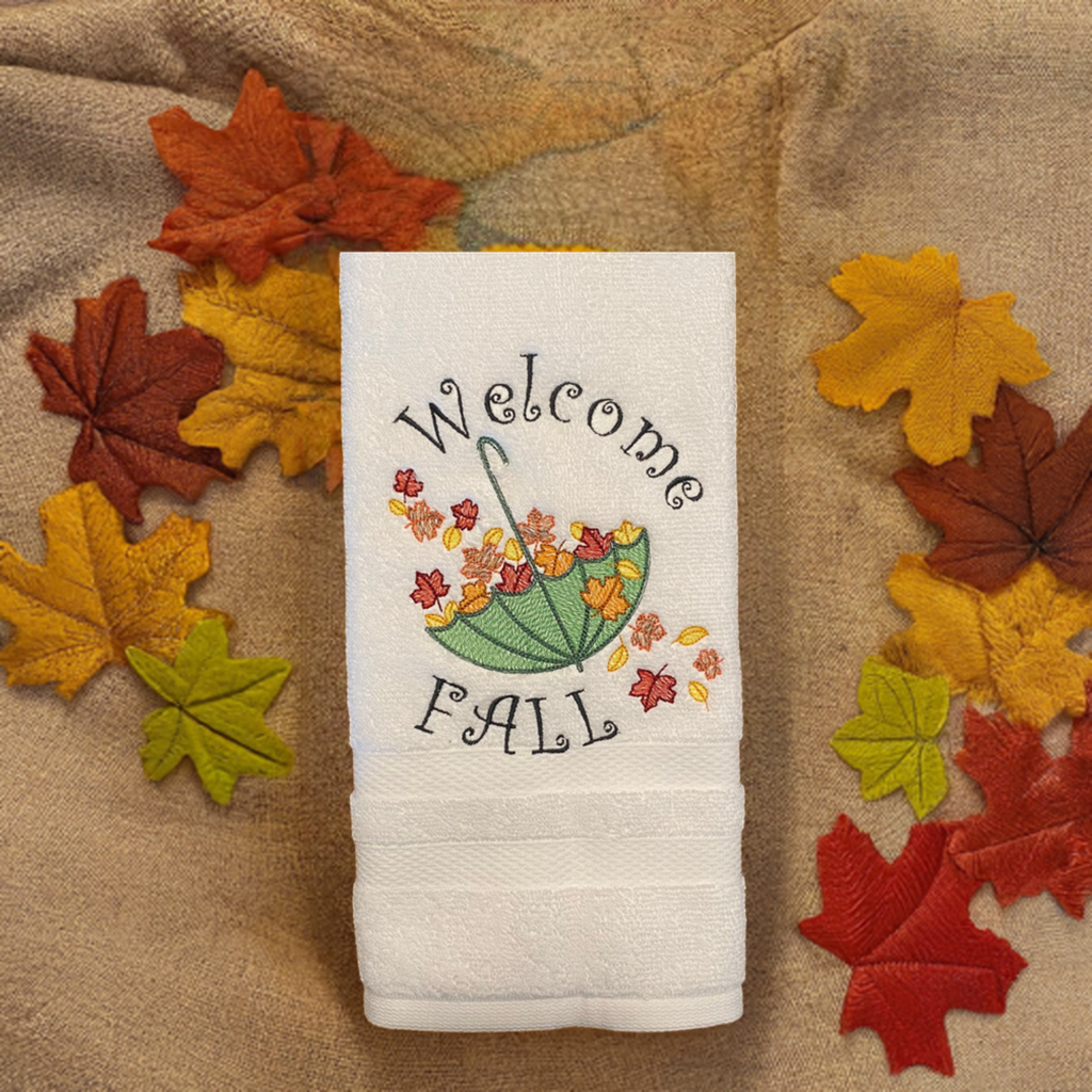 Fall Embroidered  White hand Towel. Autumn Parasol, Welcome Fall Umbrella with autumn leaves.