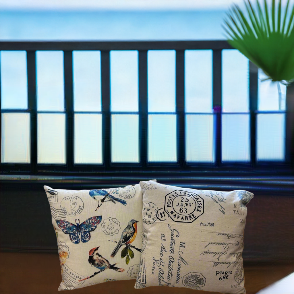 Birds Pillow Cover, Linen Pillow Cover, Countryside inspired Pillow Cover, Butterflies cover, Rustic County Farmhouse Decor, Modern. Stamps