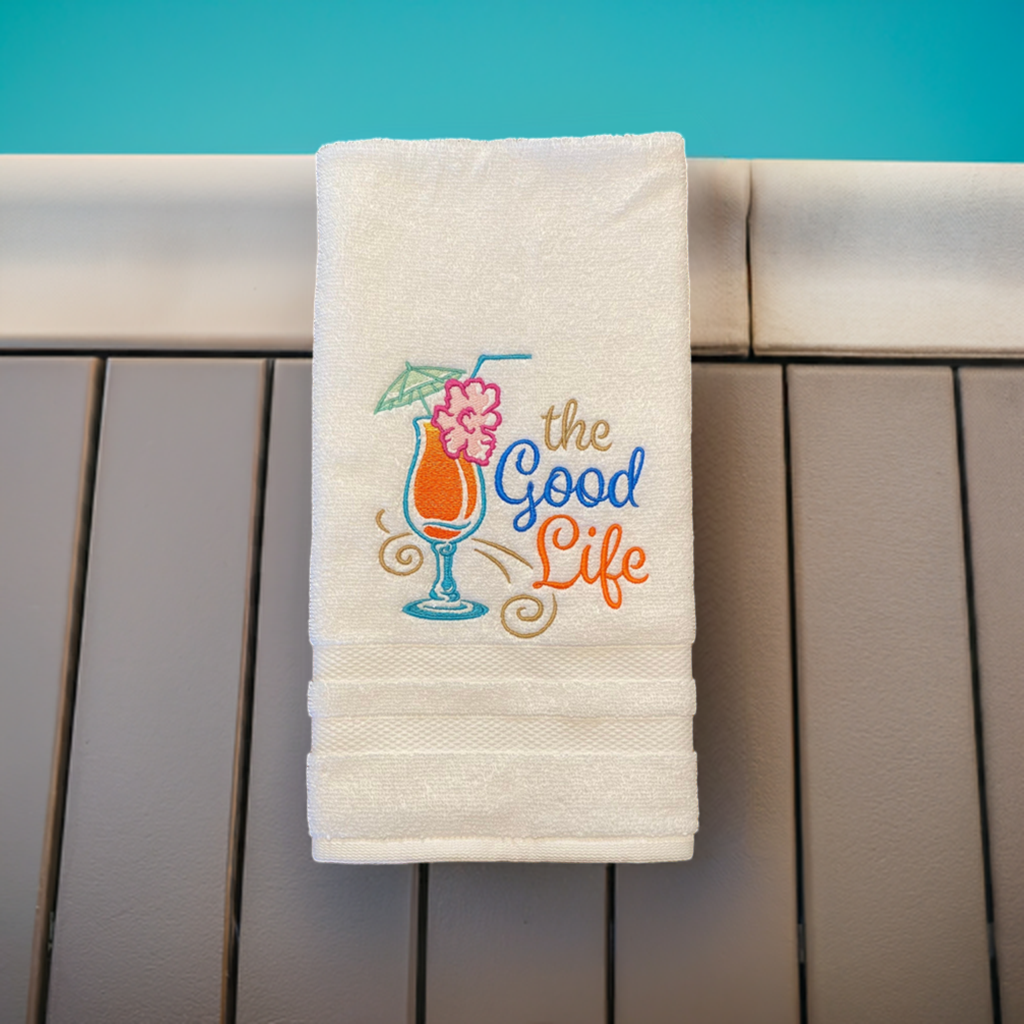 The Good Life Beach Design Embroidered  White hand Towel. The Good Life.