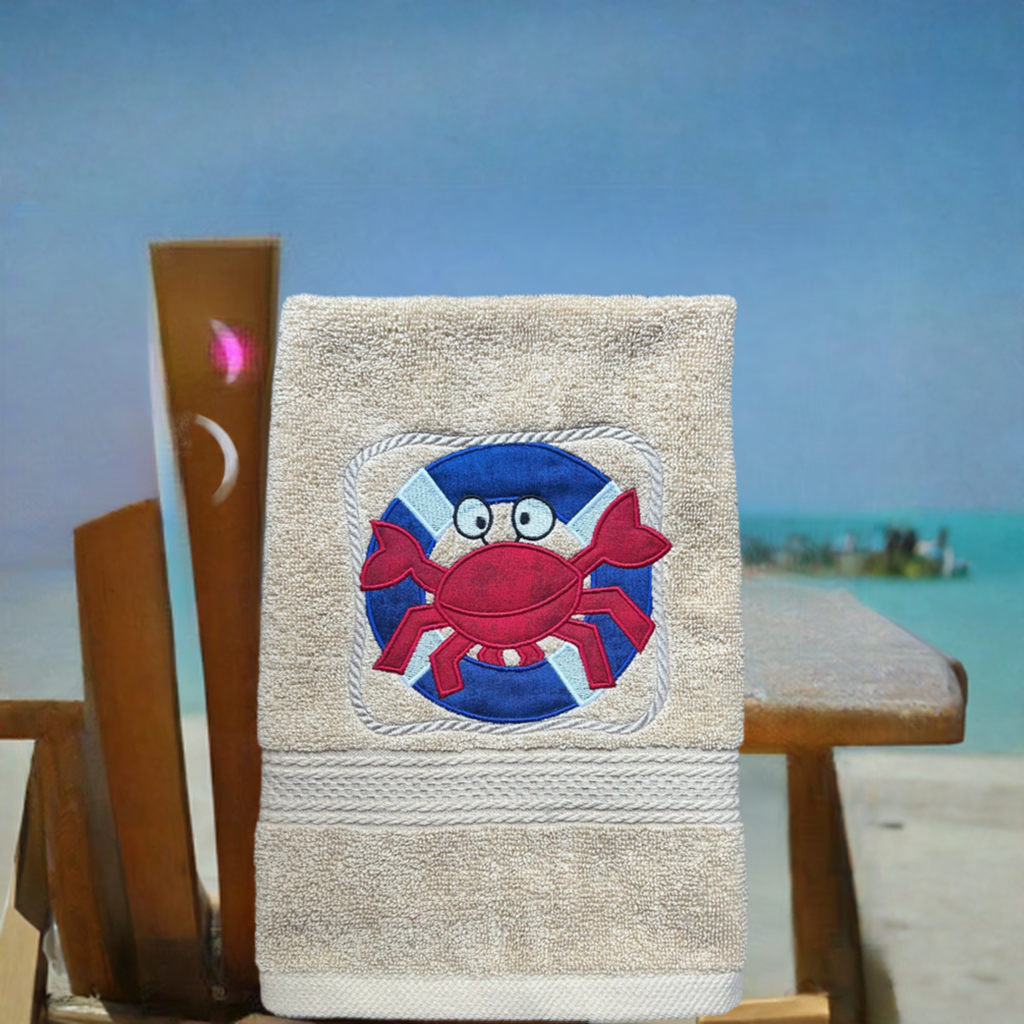 Beach Design Embroidered White Hand Towel. Crab on Lifesaver. Summer Decor. Gifts. Crabby & Cute. Beach Theme.