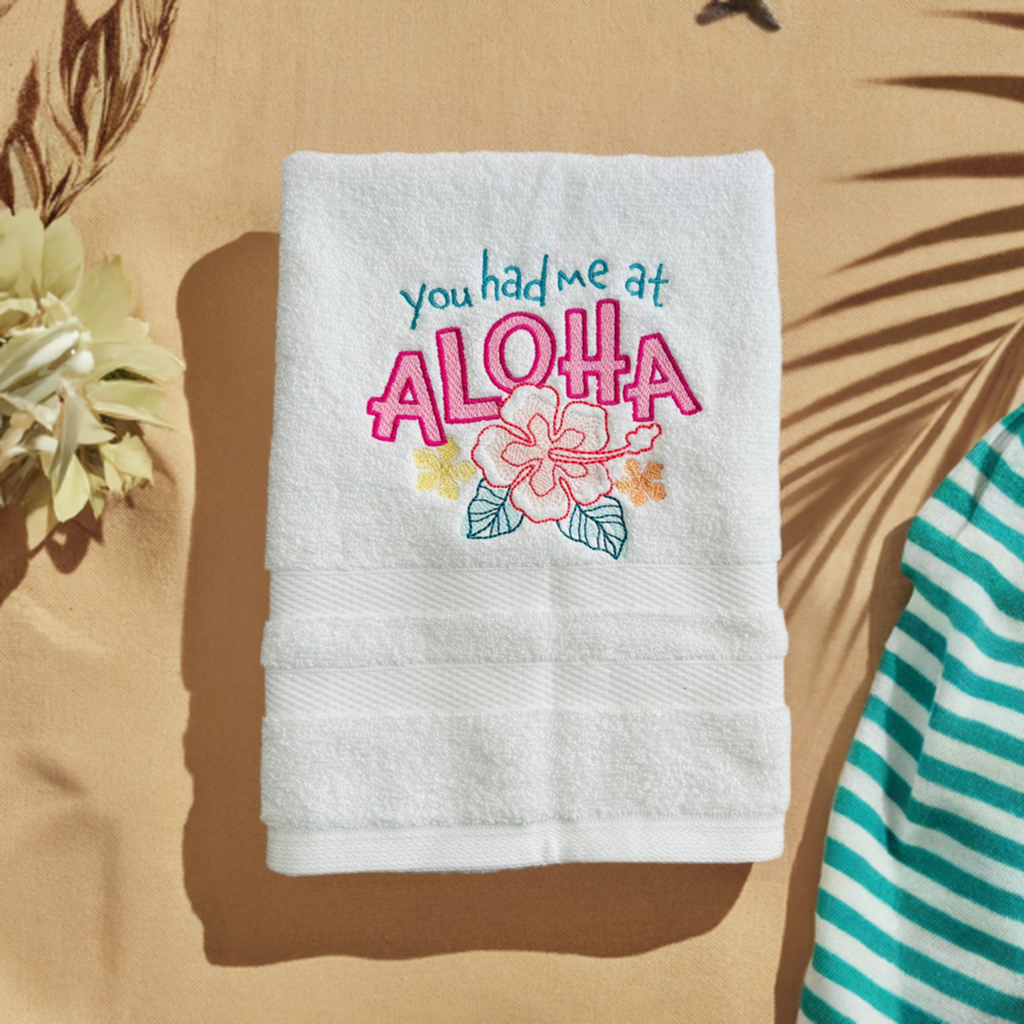 Beach Design Embroidered White hand Towel. You had me at Aloha.