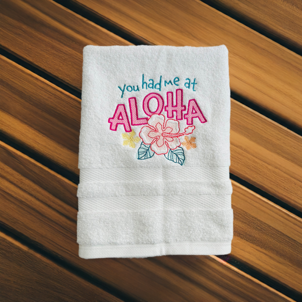 Beach Design Embroidered White hand Towel. You had me at Aloha.