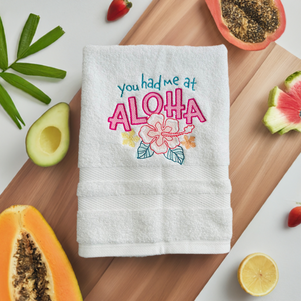 Beach Design Embroidered White hand Towel. You had me at Aloha.