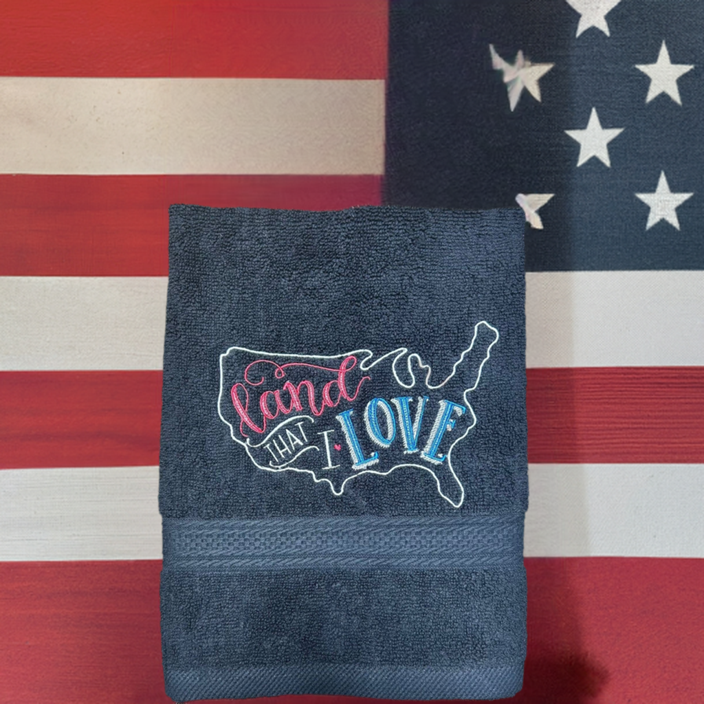 4th of July Embroidered White Hand Towel. The Land that I Love. Summer Vibes. Celebration. Memorial. independence. USA. Map