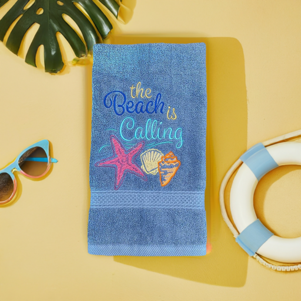 Beach Design Embroidered White Hand Towel. The Beach is Calling. Summer Vibes. Beach Them. Seashells.