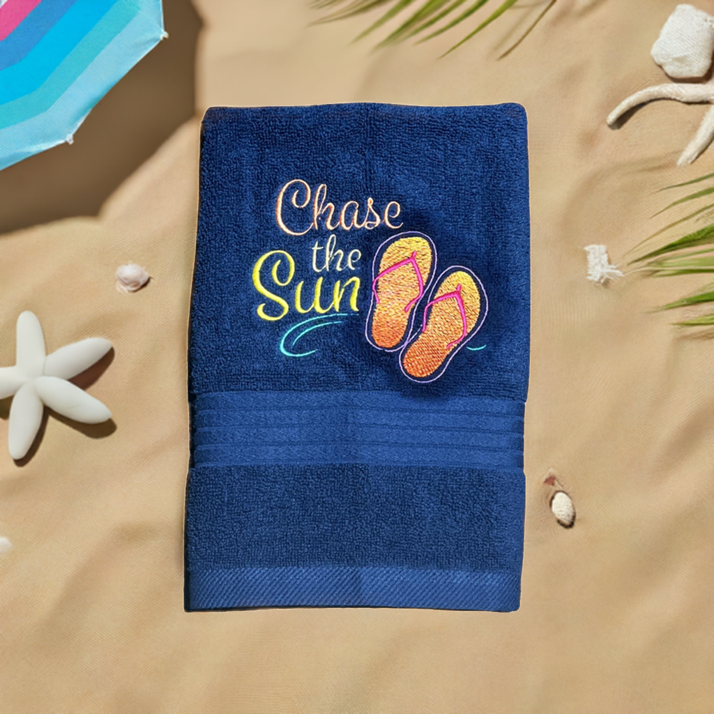 Beach Design Embroidered White Hand Towel. Chase the Sun. Beach Theme. Summer Vibes. Sun & Sand