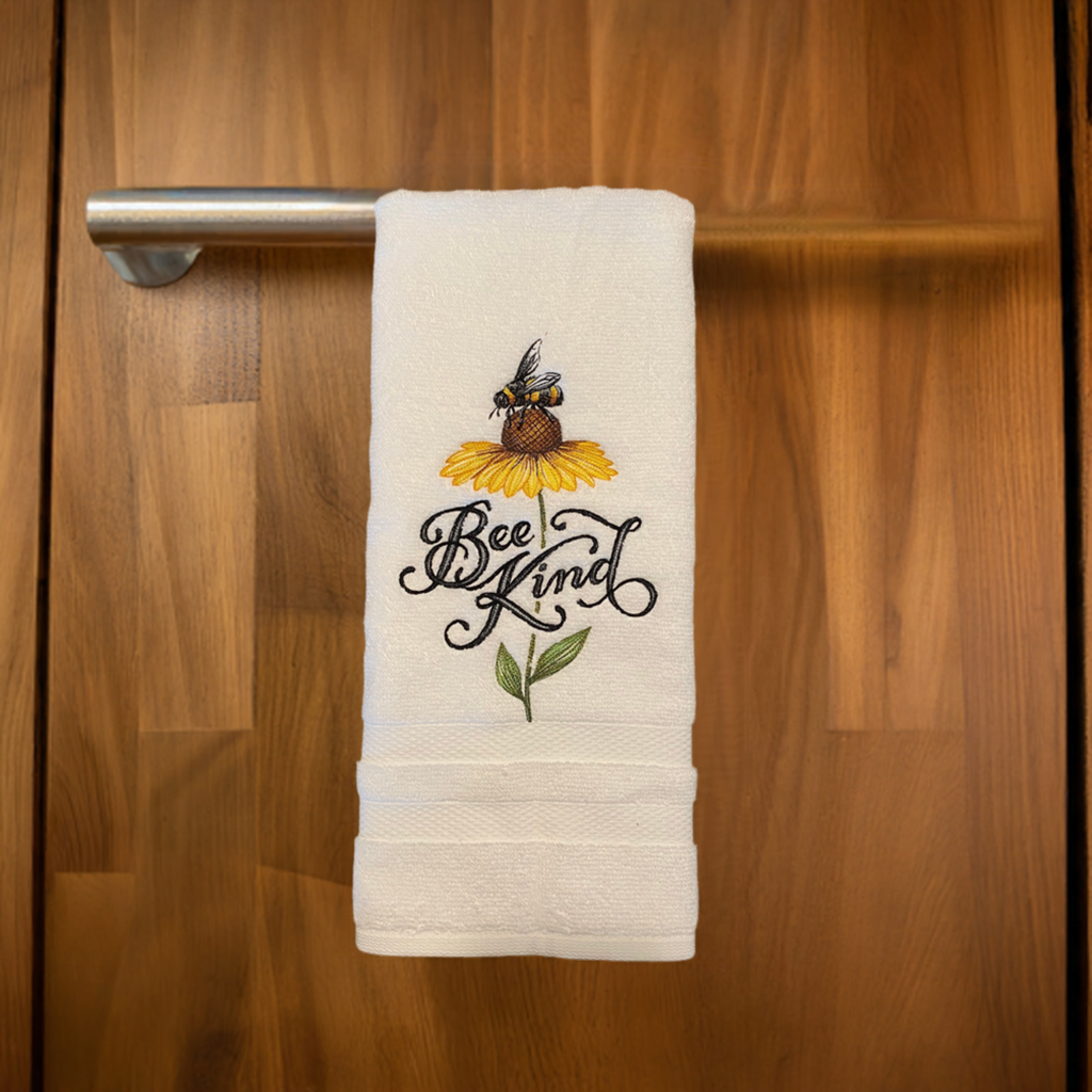 Bee Kind Embroidered  White hand Towel. Bathroom Towel. Hand Towel.