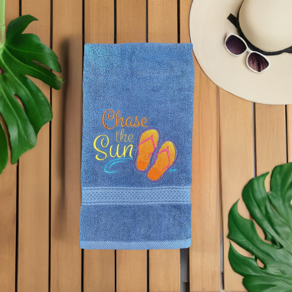 Beach Design Embroidered White Hand Towel. Chase the Sun. Beach Theme. Summer Vibes. Sun & Sand