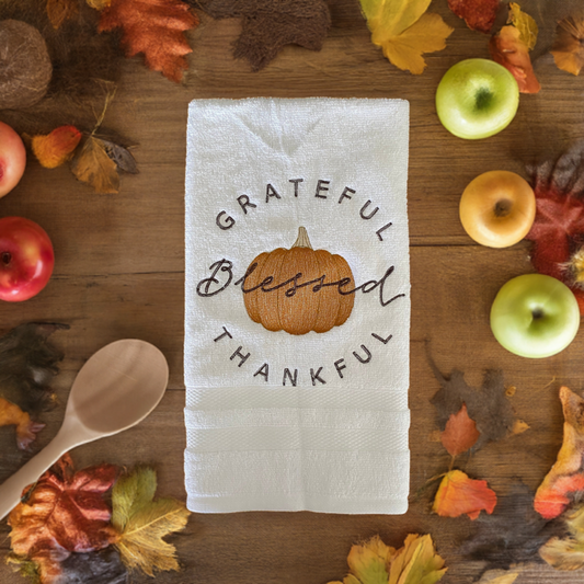 Fall Embroidered  White hand Towel. Blessings Pumpkin , Autumn Parasol. Autumn Pumpkin & Fall Fun Crows.