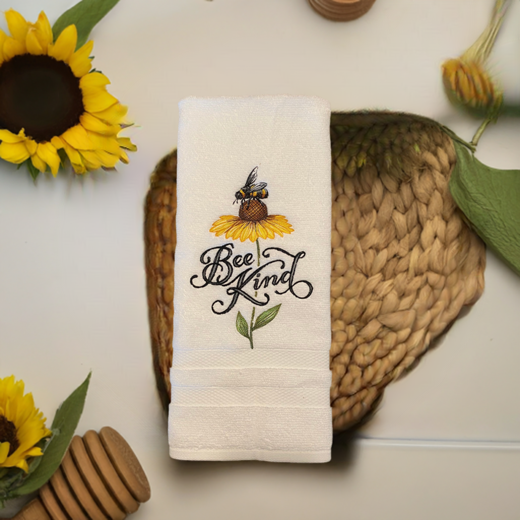 Bee Kind Embroidered  White hand Towel. Bathroom Towel. Hand Towel.