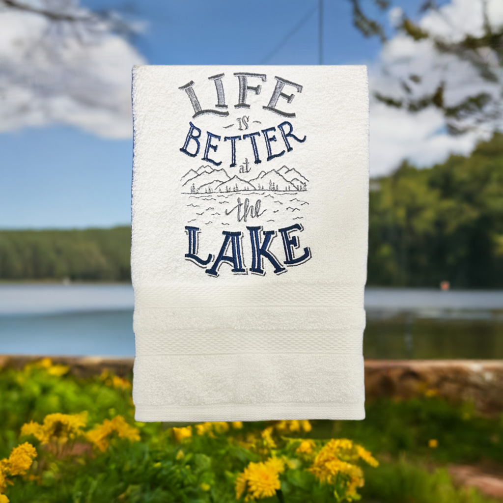 Lake Design Embroidered White Hand Towel. Life is Better At the Lake. Summer Vibes. Lake Theme. Splash