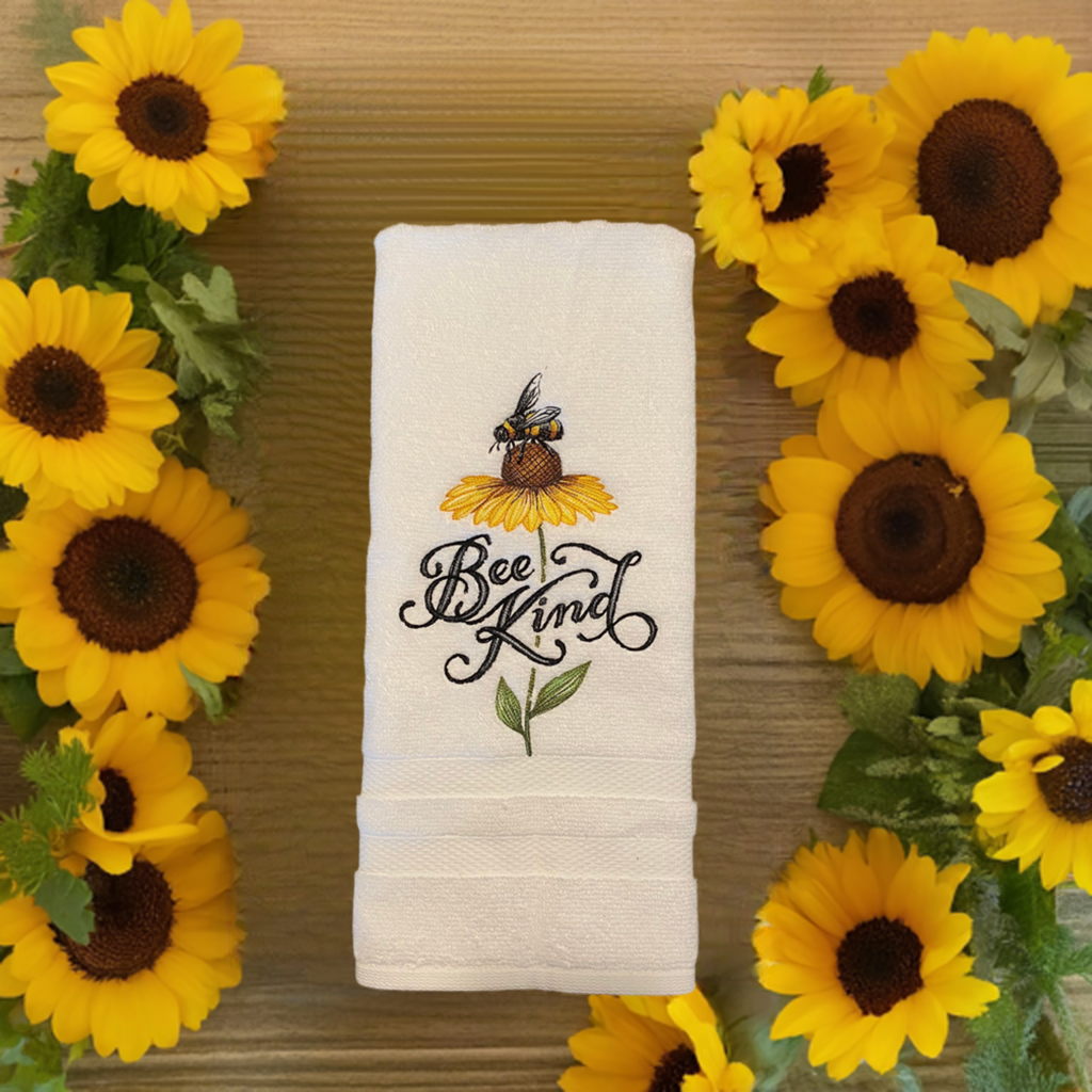 Bee Kind Embroidered  White hand Towel. Bathroom Towel. Hand Towel.