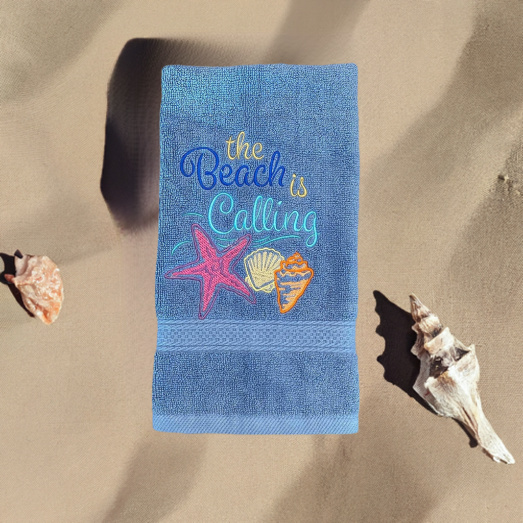 Beach Design Embroidered White Hand Towel. The Beach is Calling. Summer Vibes. Beach Them. Seashells.