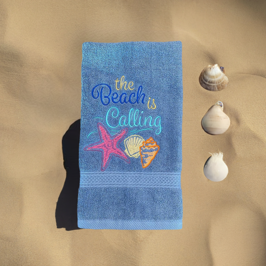 Beach Design Embroidered White Hand Towel. The Beach is Calling. Summer Vibes. Beach Them. Seashells.