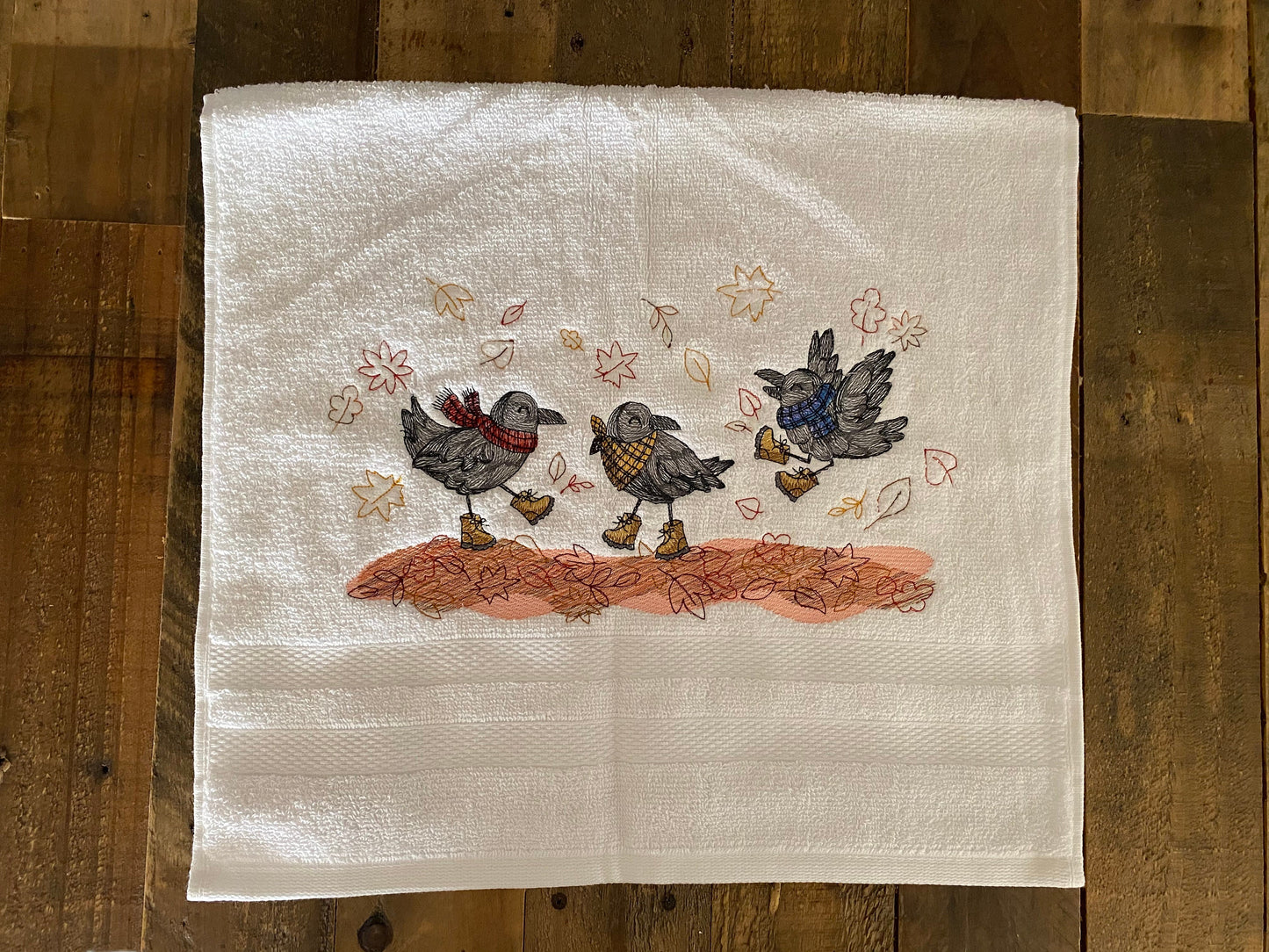 Fall Embroidered  White hand Towel. Blessings Pumpkin , Autumn Parasol. Autumn Pumpkin & Fall Fun Crows.