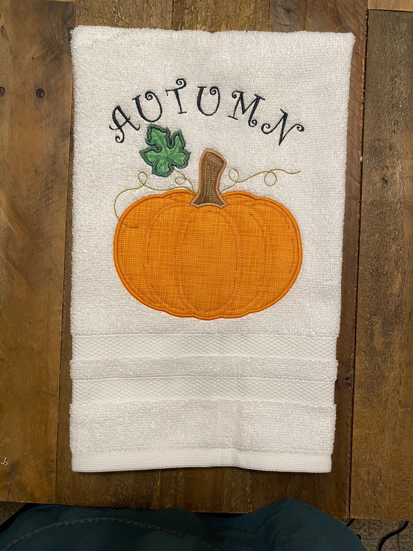 Fall Embroidered  White hand Towel. Blessings Pumpkin , Autumn Parasol. Autumn Pumpkin & Fall Fun Crows.