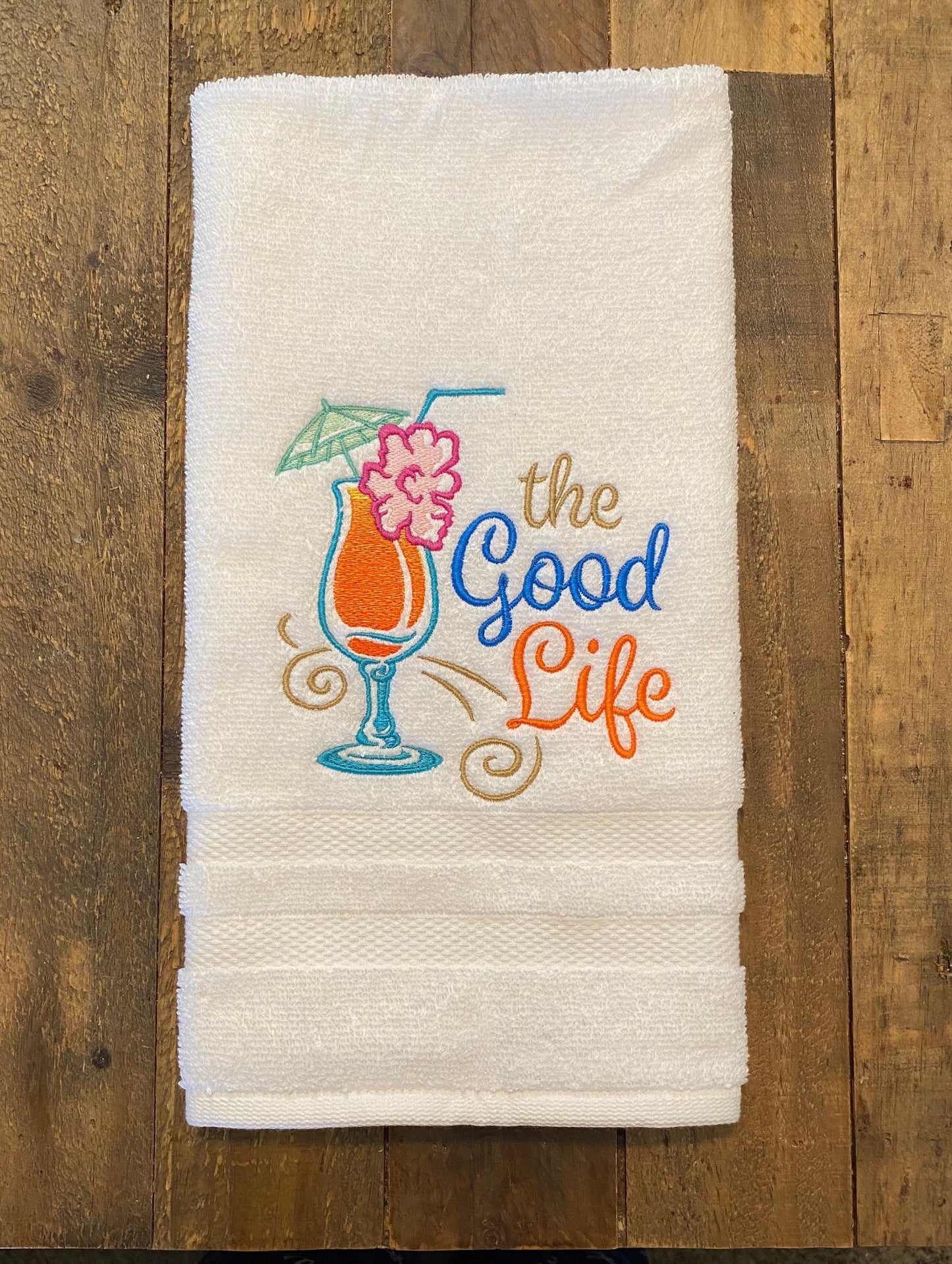 The Good Life Beach Design Embroidered  White hand Towel. The Good Life.