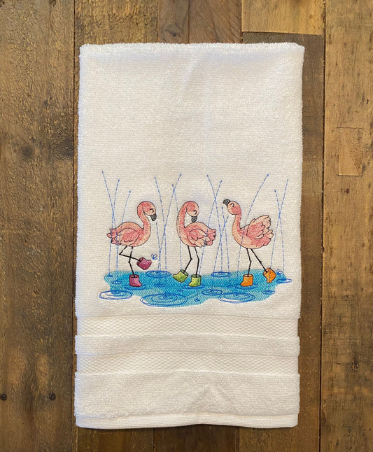 Splash Flamingos Beach Design Embroidered  White hand Towel. flamingos. Personalized gifts.