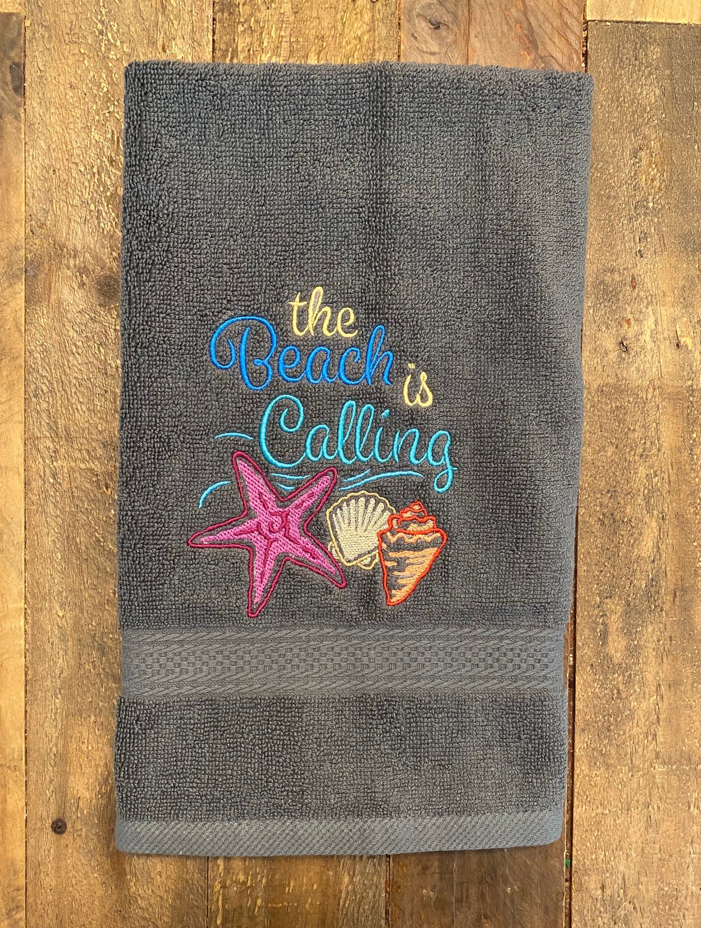 Beach Design Embroidered White Hand Towel. The Beach is Calling. Summer Vibes. Beach Them. Seashells.