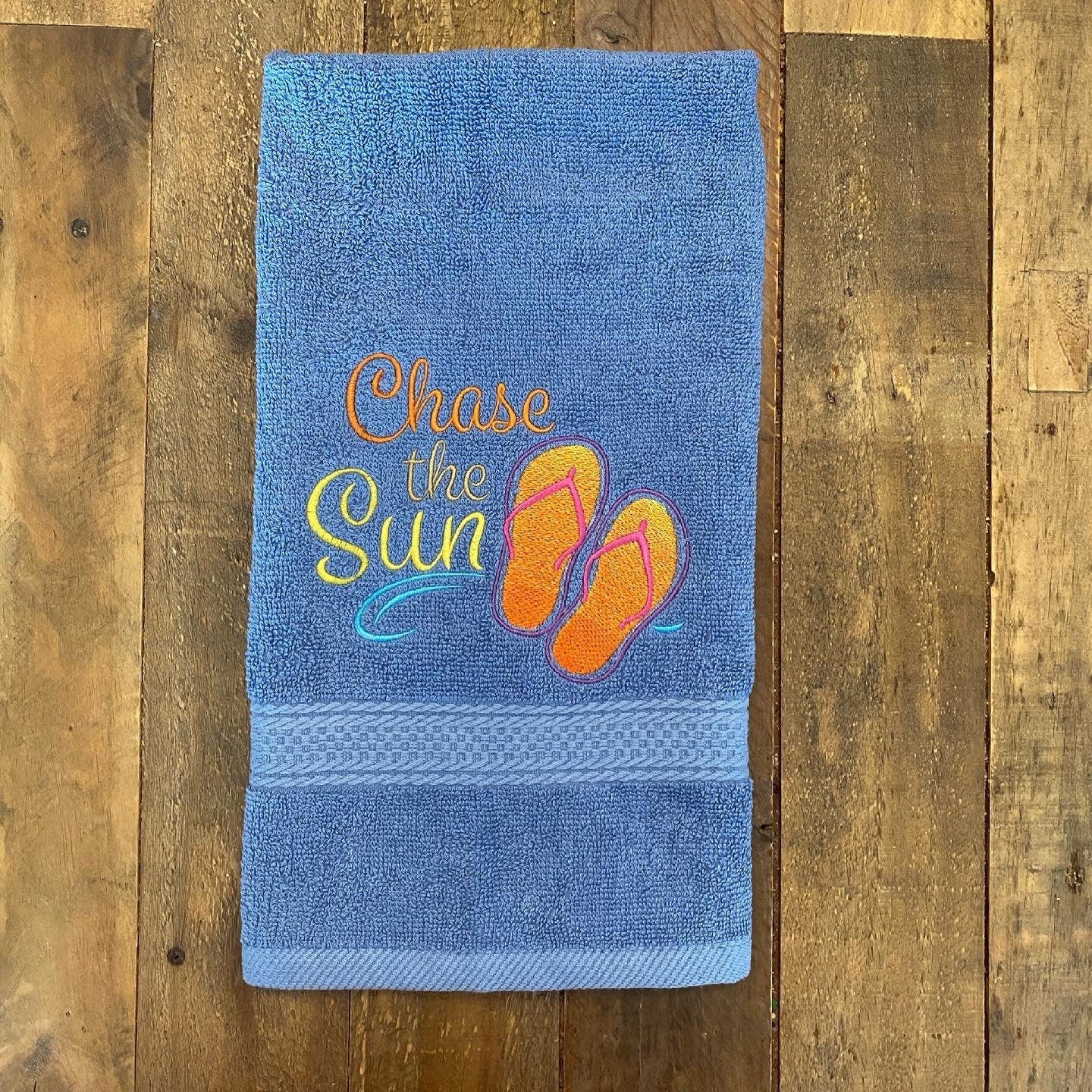 Beach Design Embroidered White Hand Towel. Chase the Sun. Beach Theme. Summer Vibes. Sun & Sand