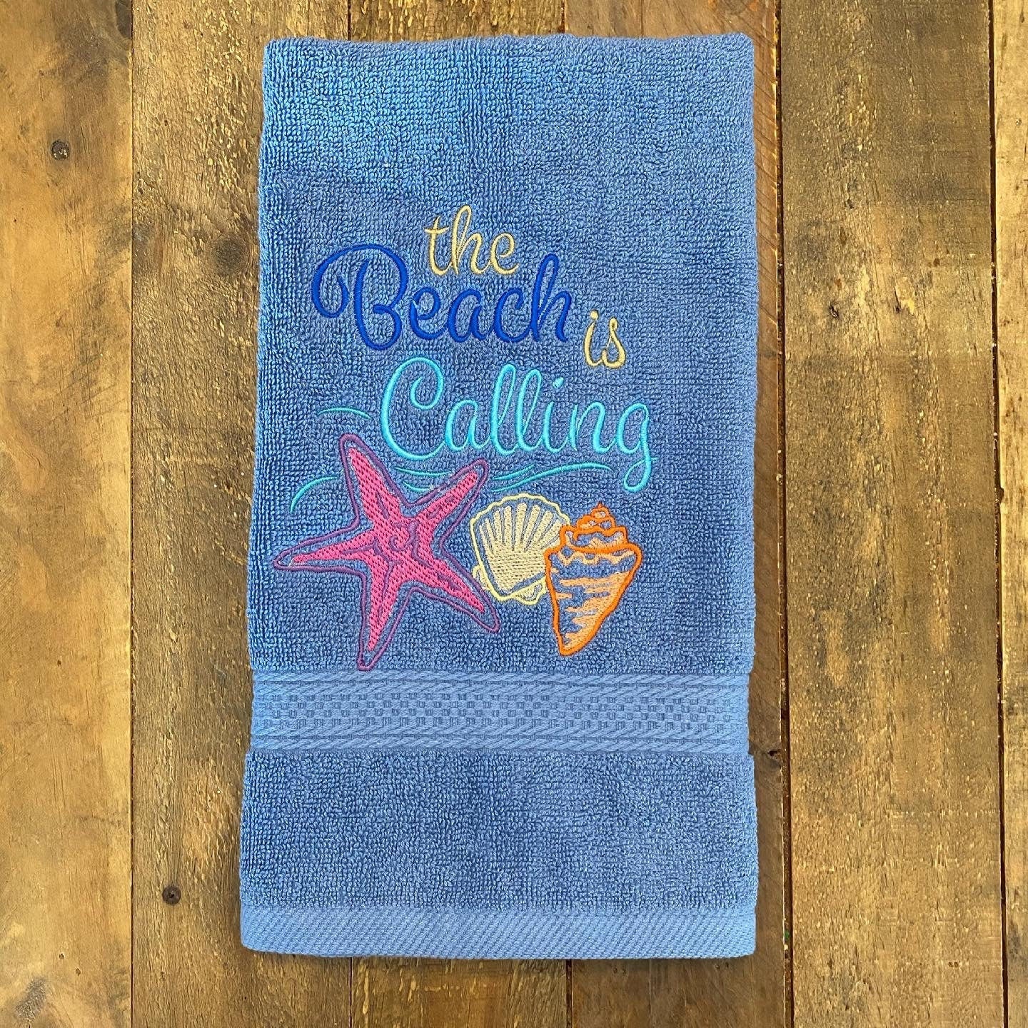 Beach Design Embroidered White Hand Towel. The Beach is Calling. Summer Vibes. Beach Them. Seashells.