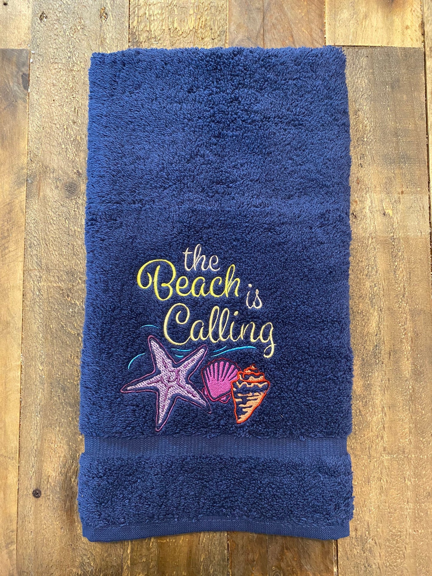Beach Design Embroidered White Hand Towel. The Beach is Calling. Summer Vibes. Beach Them. Seashells.
