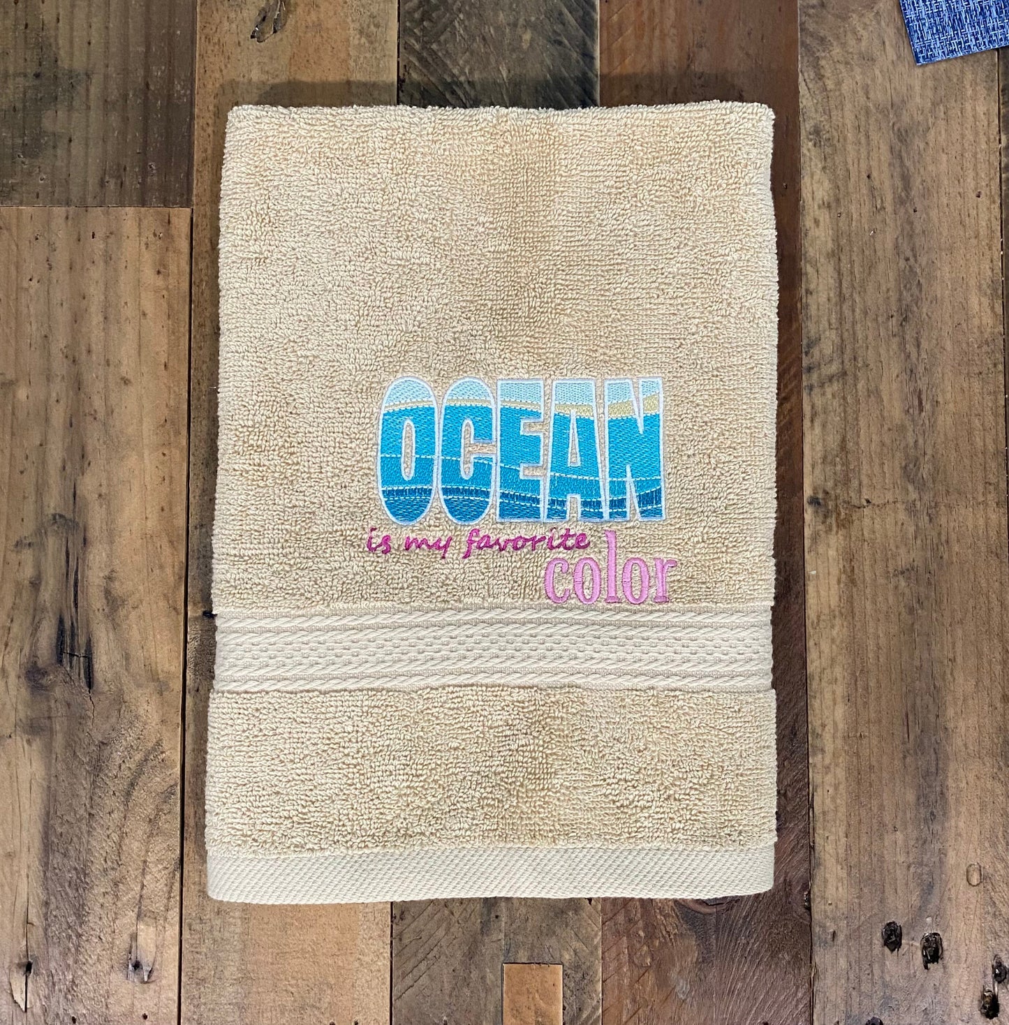 Beach Design Embroidered  White or Color hand Towel ocean is my Favorite Color. Towels.