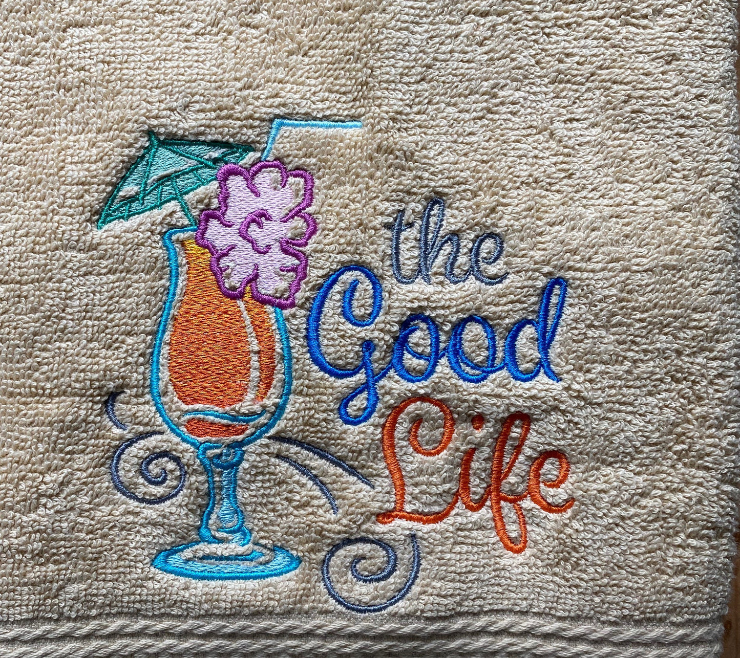 The Good Life Beach Design Embroidered  White hand Towel. The Good Life.
