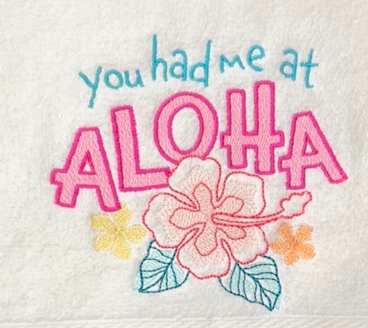 Beach Design Embroidered White hand Towel. You had me at Aloha.