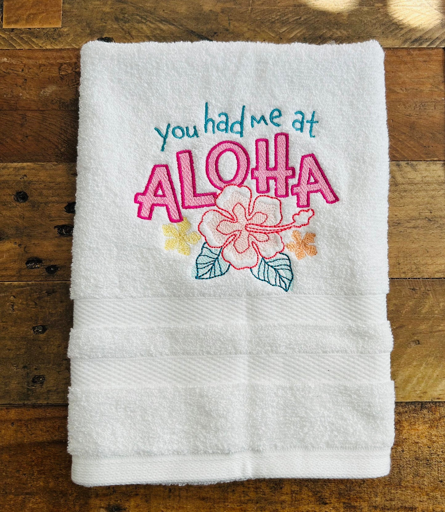 Beach Design Embroidered White hand Towel. You had me at Aloha.